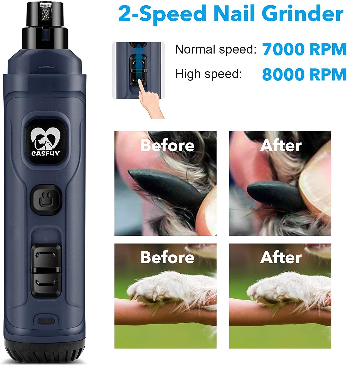 2-Speed Dog Nail Grinder with LED Light - Professional Quiet Electric Trimmer for All Breeds (Blue)