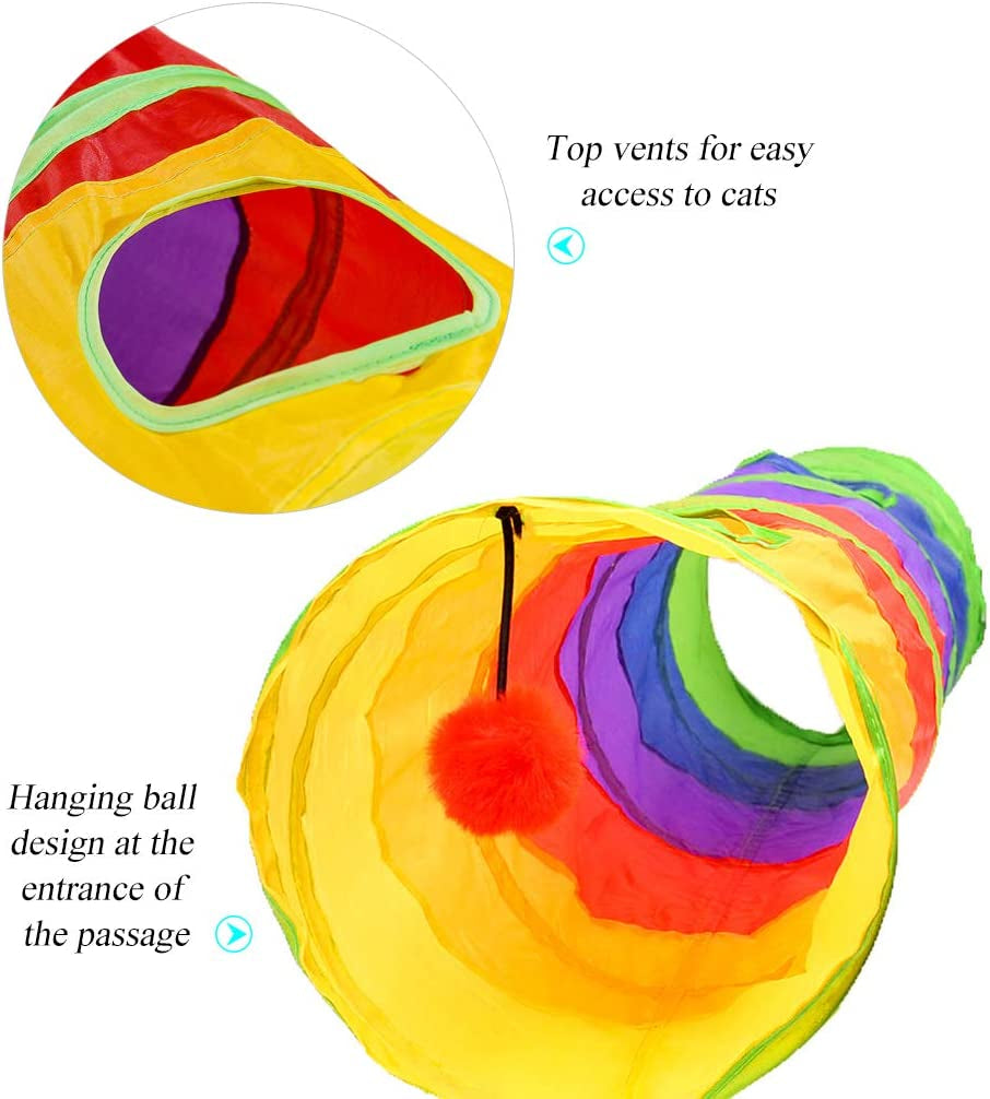 45" Long Rainbow Cat Tunnel - Collapsible Play Tube with Fun Ball & 2 Holes for Kittens, Rabbits & Small Pets - Perfect for Exercising, Hiding, and Training!