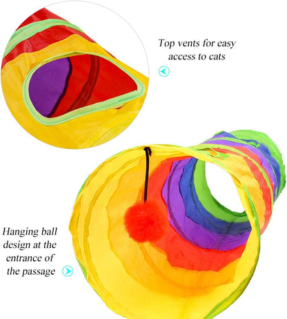45" Long Rainbow Cat Tunnel - Collapsible Play Tube with Fun Ball & 2 Holes for Kittens, Rabbits & Small Pets - Perfect for Exercising, Hiding, and Training!