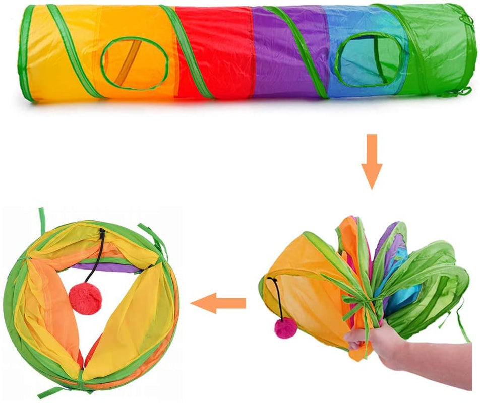 45" Long Rainbow Cat Tunnel - Collapsible Play Tube with Fun Ball & 2 Holes for Kittens, Rabbits & Small Pets - Perfect for Exercising, Hiding, and Training!