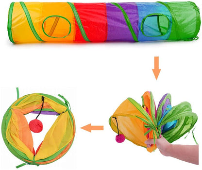 45" Long Rainbow Cat Tunnel - Collapsible Play Tube with Fun Ball & 2 Holes for Kittens, Rabbits & Small Pets - Perfect for Exercising, Hiding, and Training!