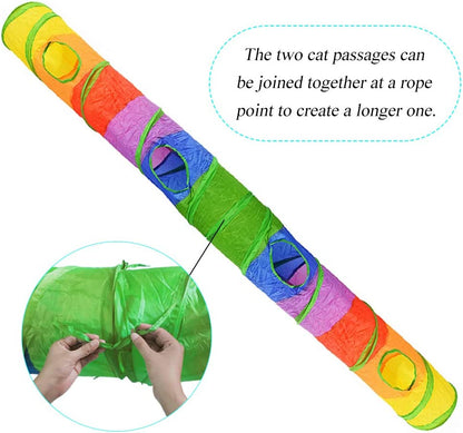45" Long Rainbow Cat Tunnel - Collapsible Play Tube with Fun Ball & 2 Holes for Kittens, Rabbits & Small Pets - Perfect for Exercising, Hiding, and Training!