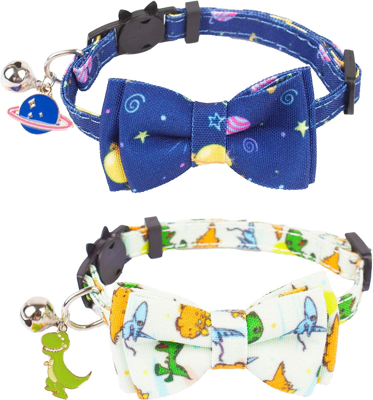 Dinosaur Cat Collar Set - Breakaway Design with Bow Tie and Bell - 2 Pack for Stylish Pets!