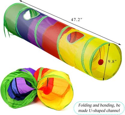 45" Long Rainbow Cat Tunnel - Collapsible Play Tube with Fun Ball & 2 Holes for Kittens, Rabbits & Small Pets - Perfect for Exercising, Hiding, and Training!