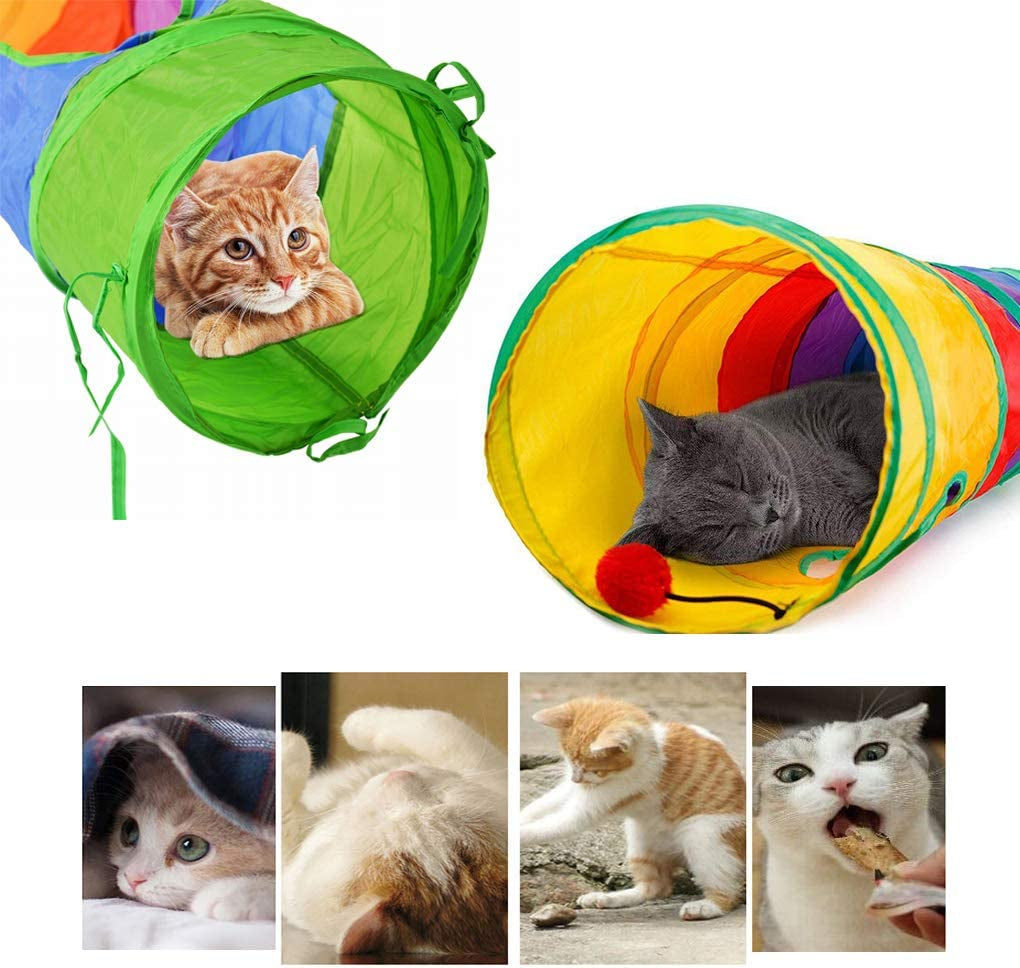 45" Long Rainbow Cat Tunnel - Collapsible Play Tube with Fun Ball & 2 Holes for Kittens, Rabbits & Small Pets - Perfect for Exercising, Hiding, and Training!