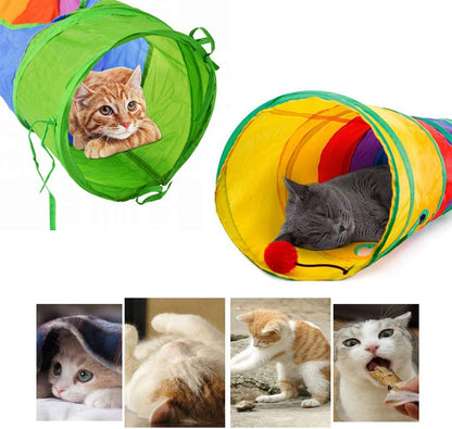 45" Long Rainbow Cat Tunnel - Collapsible Play Tube with Fun Ball & 2 Holes for Kittens, Rabbits & Small Pets - Perfect for Exercising, Hiding, and Training!