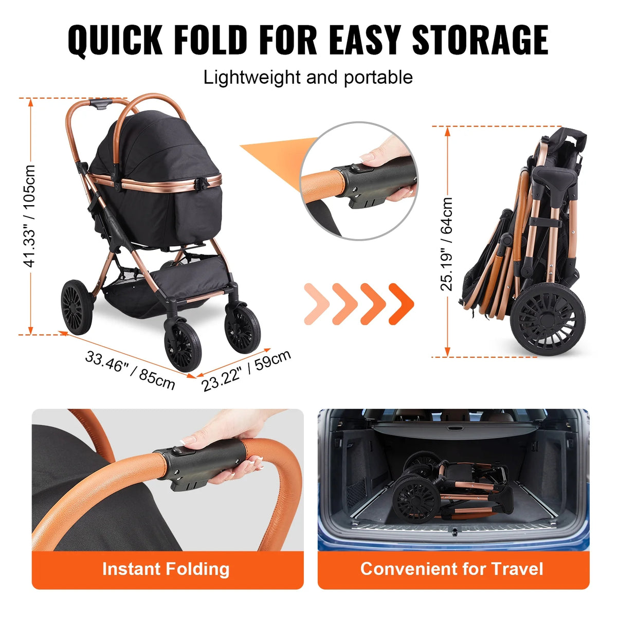 Pet Stroller 4 Wheels Dog Stroller with Brakes 66 Lbs Weight Capacity