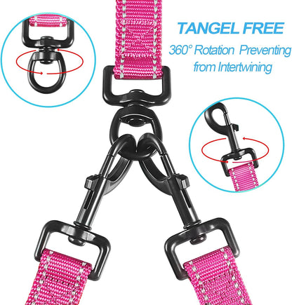 Double Dog Leash, No Tangle Dual Leash, Reflective Walking Training Lead, 4 Comfortable Padded Handles for 2 Dogs with Collapsible Bowl and Waste Bags (Pink, Large)