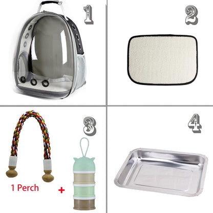 Clear Space Capsule Bird Travel Carrier Backpack - Perfect for Parakeets, Cockatiels, and Parrots with Metal Tray Feeder and Wood Perch