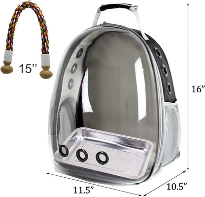 Clear Space Capsule Bird Travel Carrier Backpack - Perfect for Parakeets, Cockatiels, and Parrots with Metal Tray Feeder and Wood Perch