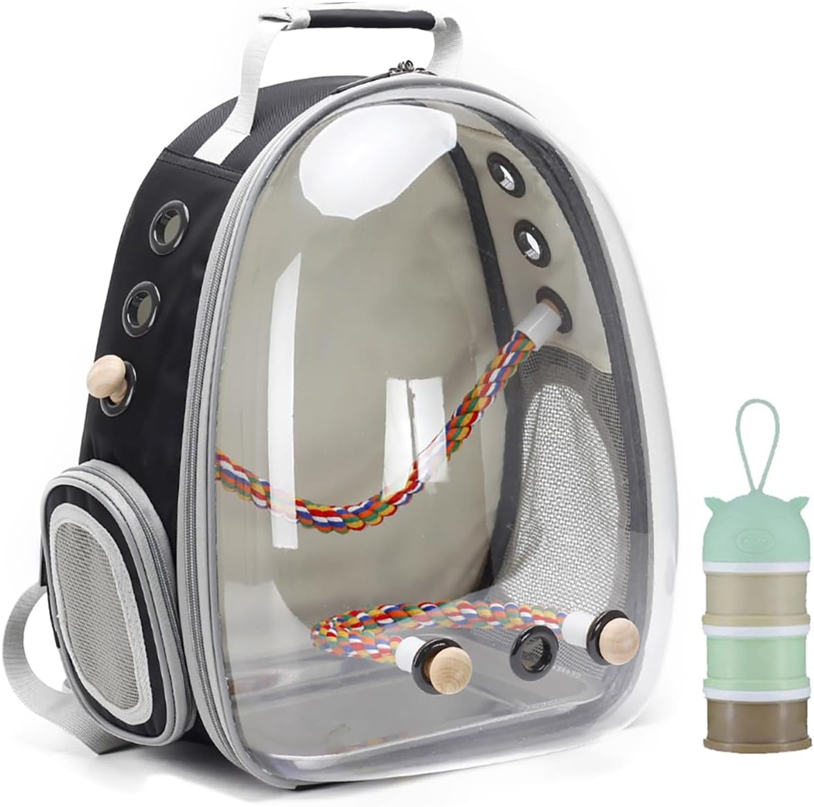 Clear Space Capsule Bird Travel Carrier Backpack - Perfect for Parakeets, Cockatiels, and Parrots with Metal Tray Feeder and Wood Perch