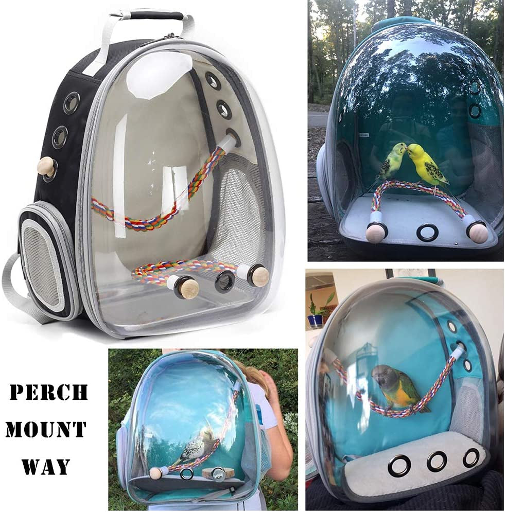 Clear Space Capsule Bird Travel Carrier Backpack - Perfect for Parakeets, Cockatiels, and Parrots with Metal Tray Feeder and Wood Perch
