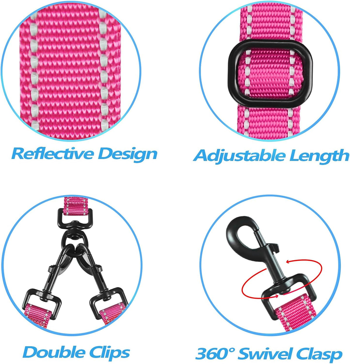 Double Dog Leash, No Tangle Dual Leash, Reflective Walking Training Lead, 4 Comfortable Padded Handles for 2 Dogs with Collapsible Bowl and Waste Bags (Pink, Large)