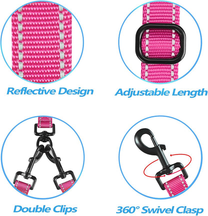 Double Dog Leash, No Tangle Dual Leash, Reflective Walking Training Lead, 4 Comfortable Padded Handles for 2 Dogs with Collapsible Bowl and Waste Bags (Pink, Large)