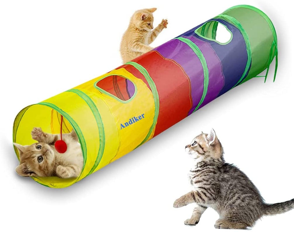 45" Long Rainbow Cat Tunnel - Collapsible Play Tube with Fun Ball & 2 Holes for Kittens, Rabbits & Small Pets - Perfect for Exercising, Hiding, and Training!