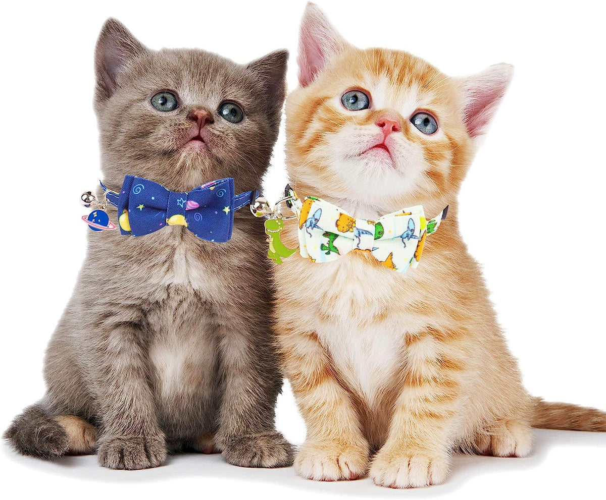 Dinosaur Cat Collar Set - Breakaway Design with Bow Tie and Bell - 2 Pack for Stylish Pets!